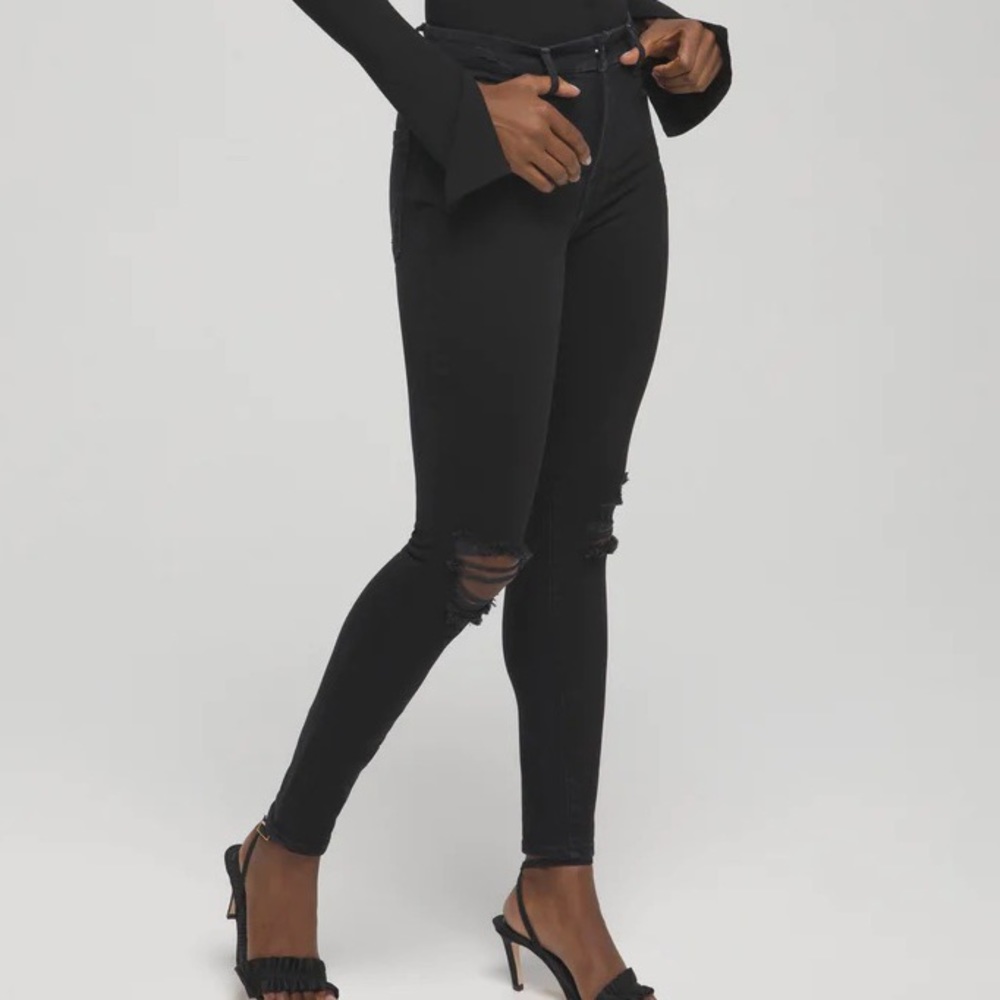 Good American Good Waist Extreme V Jeans High Rise Knee Rips Vintage Black138 6